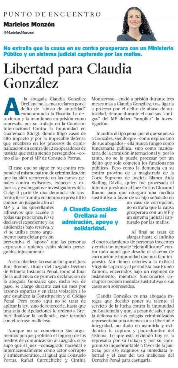 ✍️A la abogada #ClaudiaGonzález la encarcelaron en represalia por su trabajo en #Cicig y su impecable defensa de exoperadores de justicia que están siendo criminalizados.
La causa ilegal en su contra prosperó porque el sistema de justicia y el MP están capturados por las mafias.