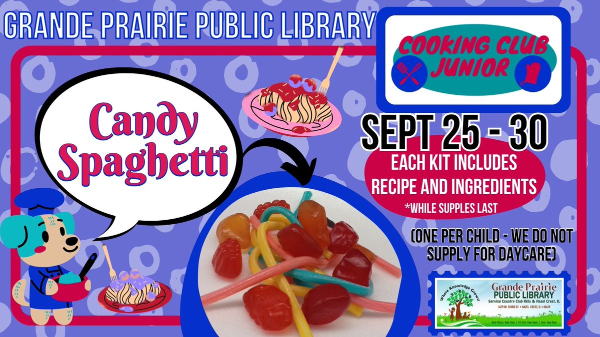 Our FREE Activity Kits for Kids this Week at Grande Prairie Public Library!  DIY Candy Spaghetti 🥳
#TakeandMake #CandySpahgetti #SeptemberFun #GrandePrairiePublicLibrary