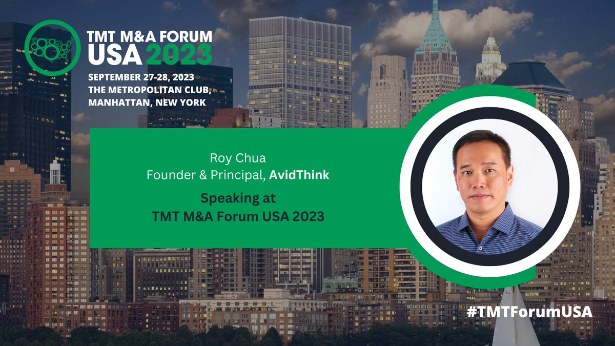 AvidThink is participating in the TMT M&A Forum USA 2023; Founder and Principal, Roy Chua, will join industry leaders to discuss critical Digital Infrastructure M&A and Investment Strategies topics. #TMTMAForum #DigitalInfrastructure #InvestmentStrategy tmtfinance.com/usa/agenda