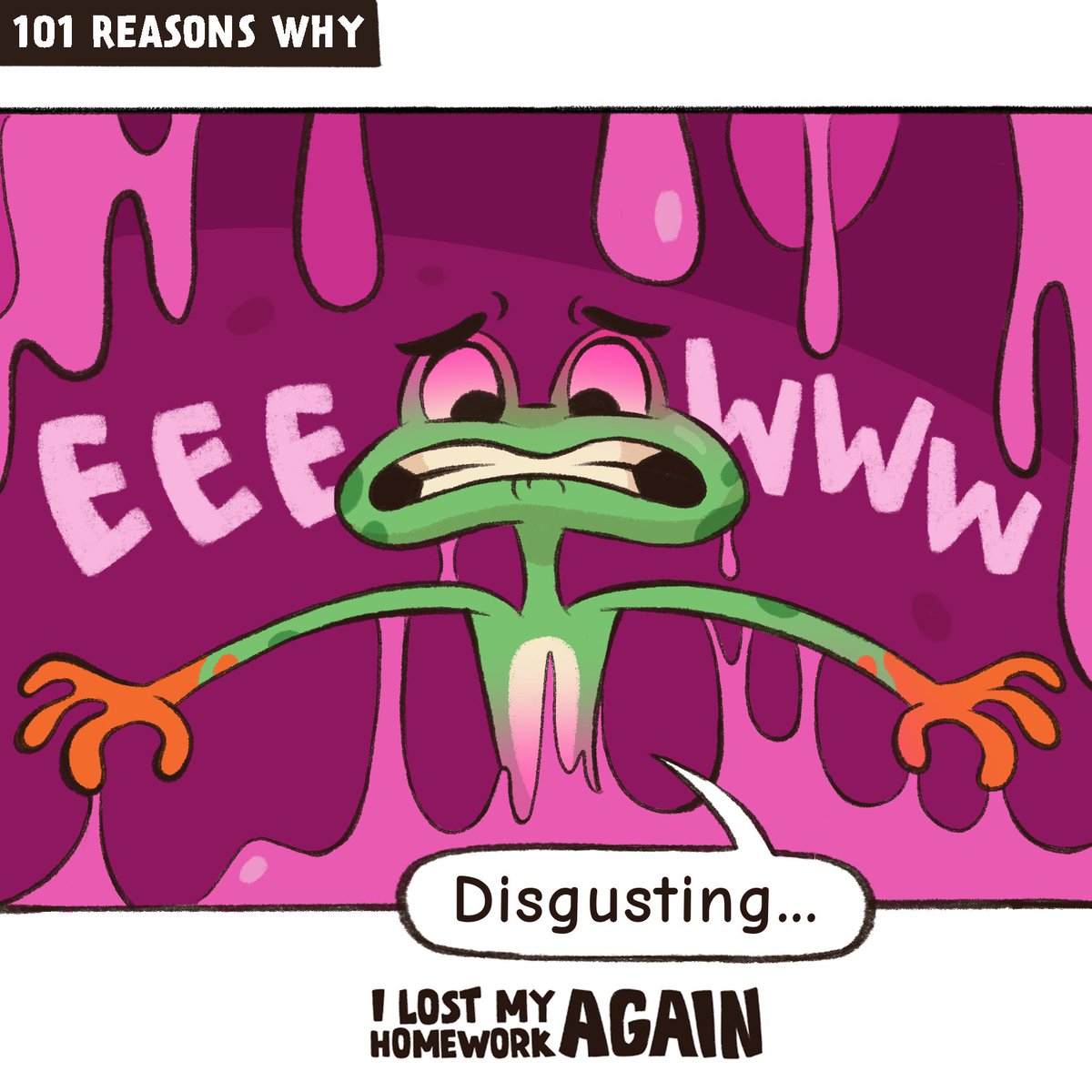 Despite being a genius,  Yokono still finds himself in some sticky situations.  It ain't easy being green!

Follow for more froggy moments.
#101reasonswhy #kickstarter #frogtrouble #excuses #graphicnovel #stickysituation