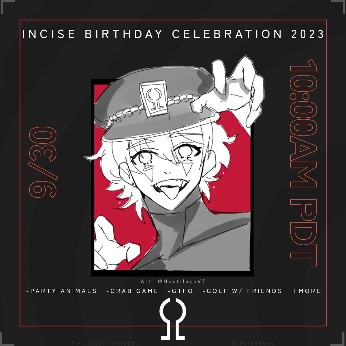 Inciseeeee's tweet photo. STREAM #200 IS HERE AND ITS BIRTHDAY PARTY TIIIIME. Come by this Saturday to celebrate my bday with me as we play an assortment of games! Party Animals, Crab Game, GTFO & Golf w/ Friends are all on the menu so be prepared for CHAOS >:)
π¨: @/NoctilucaVT
#AriseIncise
#Incillust https://t.co/W3tQHur5td