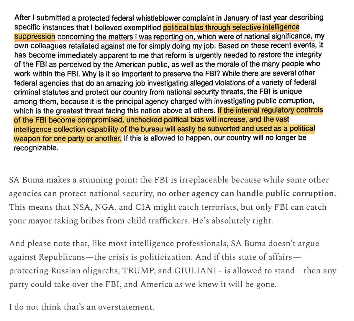 ericgarland's tweet photo. The scariest part of this - The FBI apparently didn't mind if Special Agent Buma reported on Russia.

So long as he didn't report on which American politicians Putin bribed. 
😠 https://t.co/KmLZvgplKg