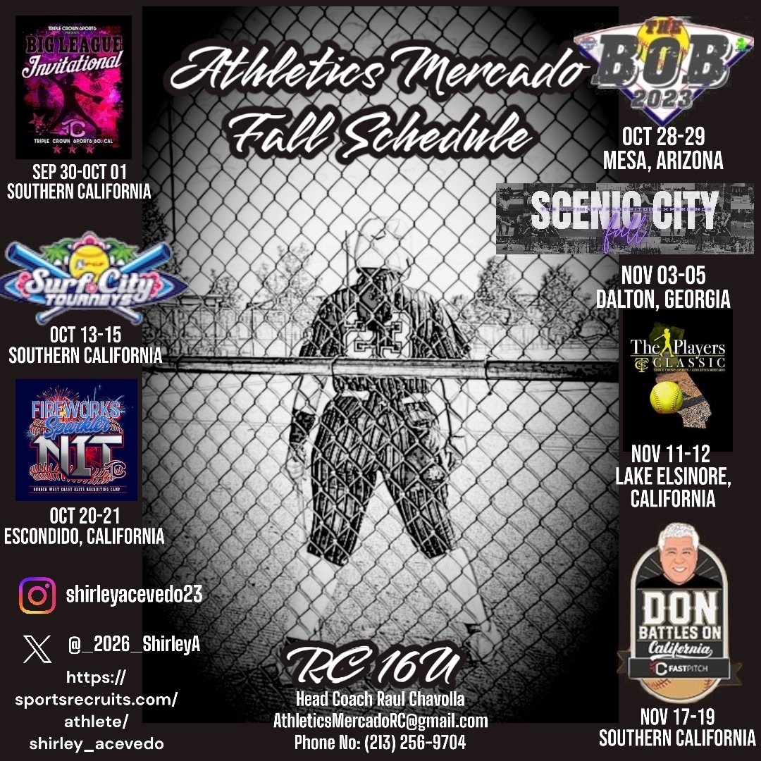 _2026_ShirleyA's tweet image. 📢 Travel Softball Fall Schedule is Out! 
Athletics Mercado RC 16U
Class of 2026/1B/Power Hitter 
#AthleticsMercado #AthleticsMercadoRC16U 
#fallschedule  #RC #16U #softball #fastpitch #classof2026 #uncommited #fastpitchsoftball #homerunhitter #HR #OTF #bombsquad #powerhitter