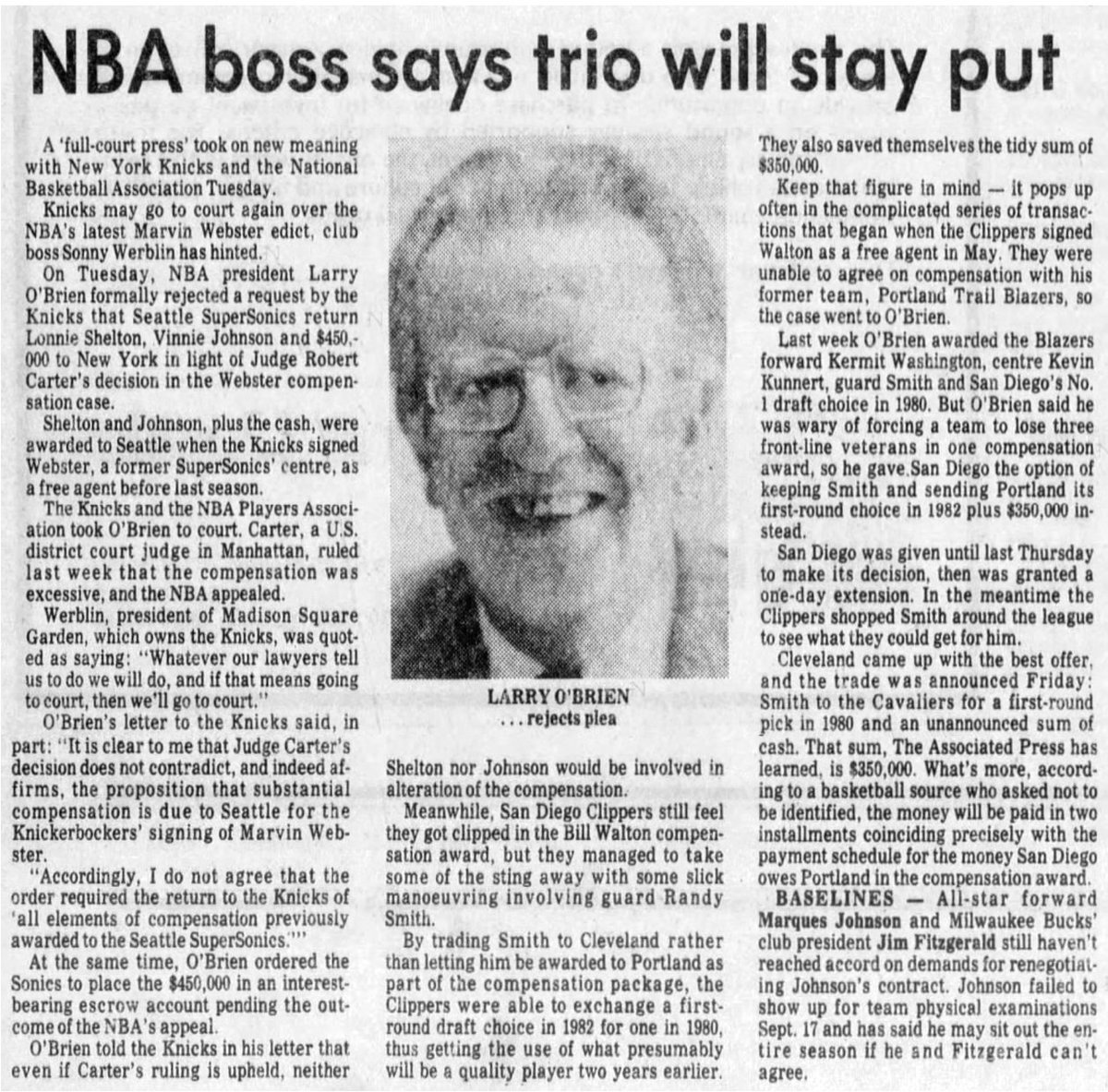 77Blazers's tweet photo. Sept 26 1979 - The #SanDiegoClippers traded guard #RandySmith to @cavs instead of sending him to @trailblazers as part of compensation for signing #BillWalton

#RipCity https://t.co/XldqIFgcyg