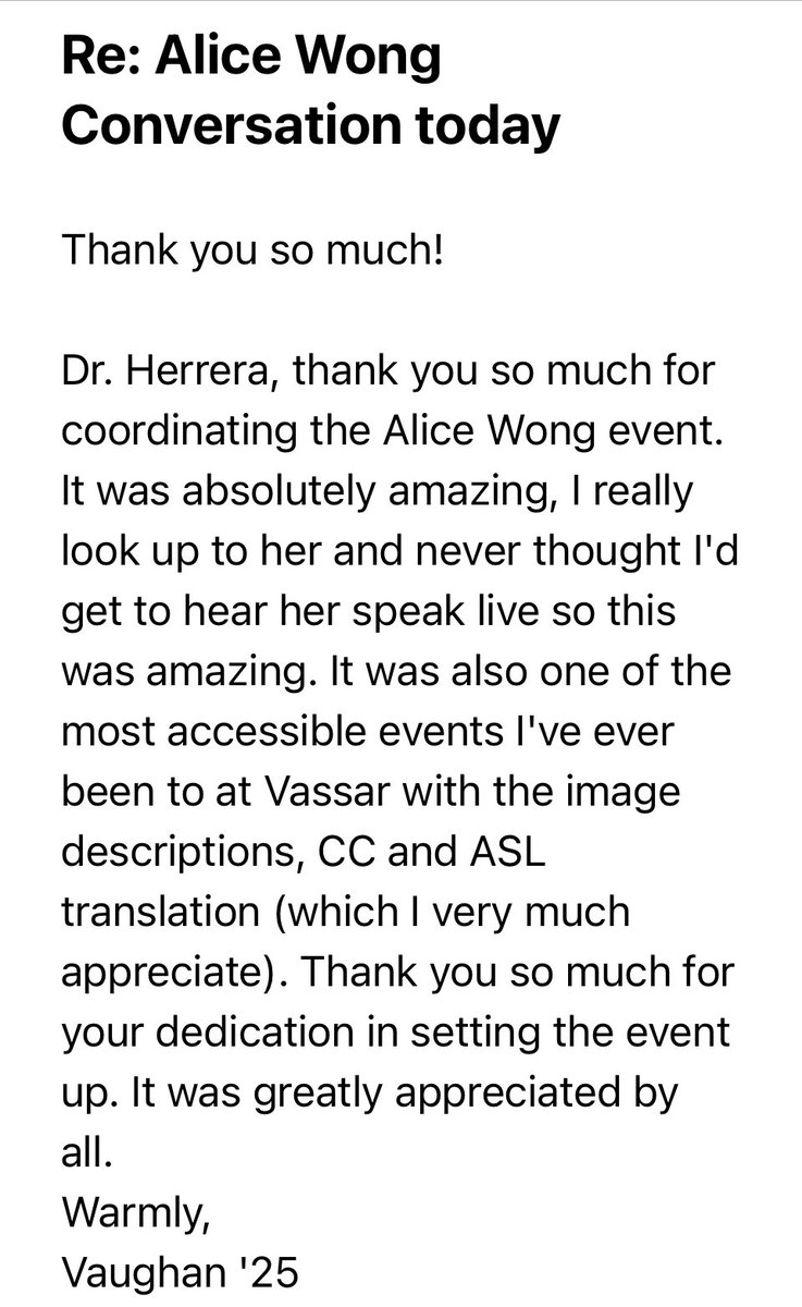 Shared with permission - this note I (and the Dean of Studies team) got after the <a href="/SFdirewolf/">Alice Wong 王美華</a> event last week. So happy to have been part of this. Thanks again to Alice Wong!