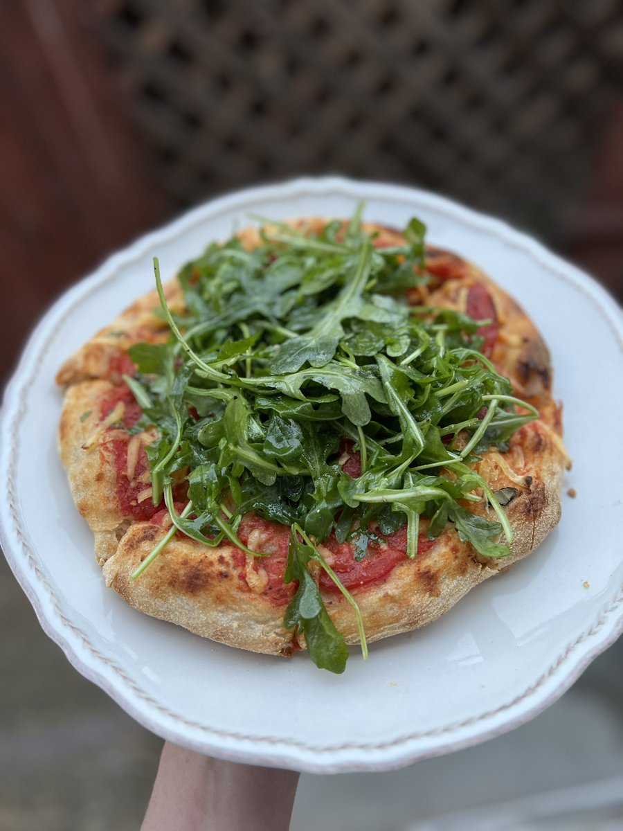 PoutyNosh's tweet photo. Pizza. Everything made from scratch. Sourdough crust, red sauce, pepperoni and Chao cheese. Topped with arugula dressed with olive oil, salt &amp; pepper, and lemon juice. Perfection. https://t.co/0XdNrBRtRp
