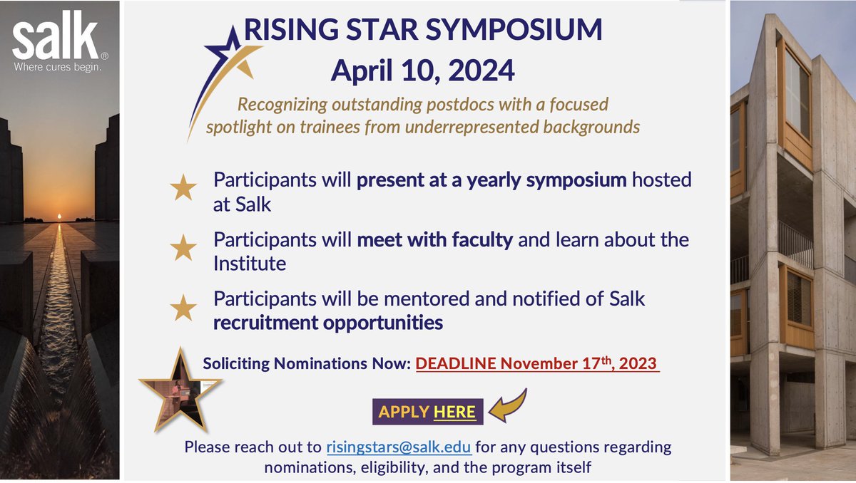 Attention Post-Docs!! We would love to invite you to The Salk Institute to give a talk about your research, meet Salk faculty, and create career-changing networks! The first ever Salk Rising Stars Symposium will be on April 10th. Apply here! Please RT! salk.edu/about/diversit….