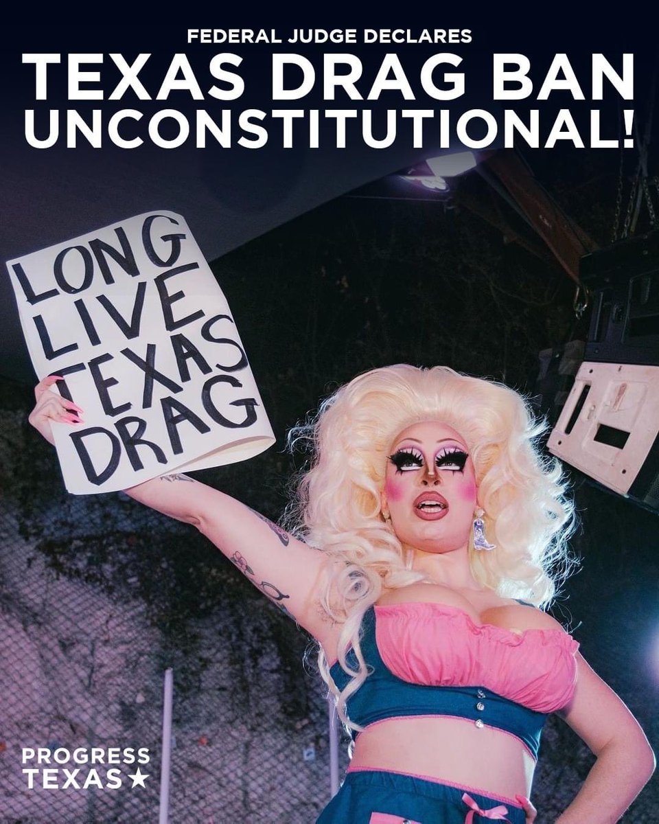 ProgressTX's tweet photo. LONG LIVE TEXAS DRAG!
"District Judge David Hittner...wrote it represented ‘an unconstitutional restriction on speech’ and barred state officials, including the attorney general, from enforcing it."
#Drag #DragBans #DragQueens #TexasDrag https://t.co/kKrZA6TeRI