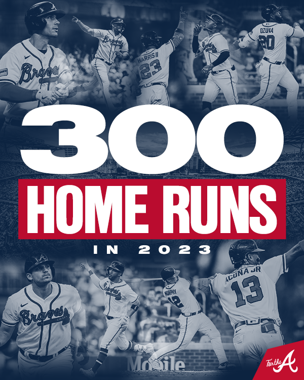 Braves's tweet photo. The 2023 #Braves are the third team in MLB history to hit 300 home runs in a season!

#ForTheA https://t.co/tY6VCRTld1
