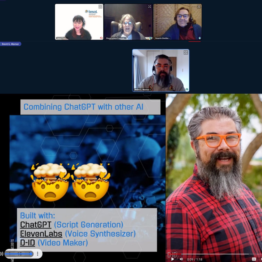 Joined the discussion with Diane Larsen-Freeman in Brent Warner's TESOL webinar on "Bringing AI to the Classroom"!! #TESOL #ChatGPT <a href="/D_ID_/">D-ID</a>