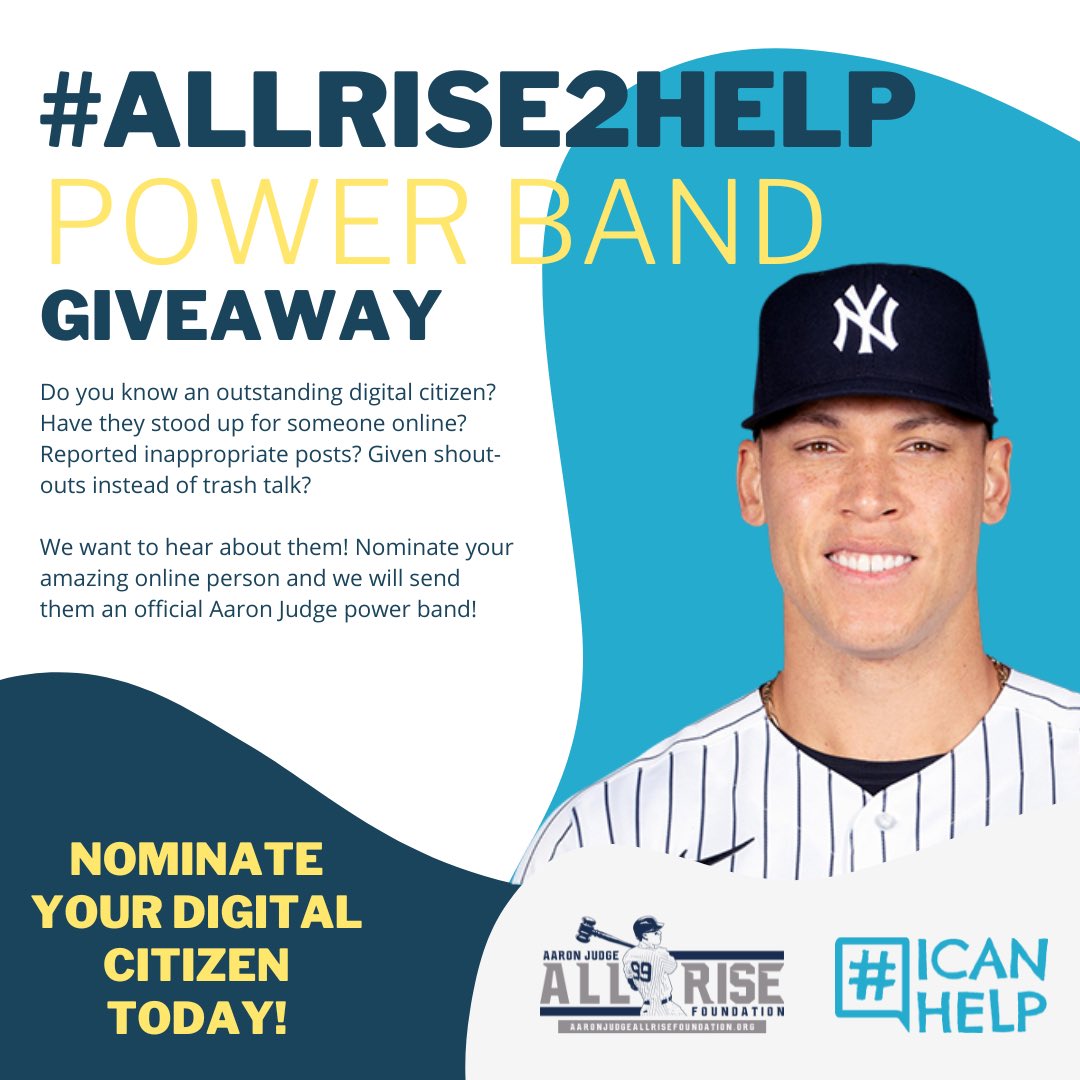 icanhelp's tweet photo. Know someone spreading positivity online and in their communities❓Recognize their work by nominating them for a chance to win a #ALLRISE2Help Award from the man himself, Aaron Judge❗️⚾️
🚨*Valid only in the Continental US*🚨
Nomination form: https://t.co/ztqtbk6Wnq https://t.co/NYk61LFq8V