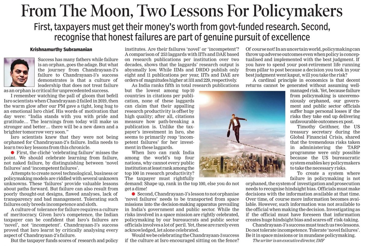 SubramanianKri's tweet photo. Oped in @toi today about the key lesson from Chandrayaan3's success: Do not tolerate “incompetent failures” but tolerate “novel failures” – be it in space missions or in mundane policymaking. @TOIOpinion 1/2 https://t.co/s1VGDRLmz6