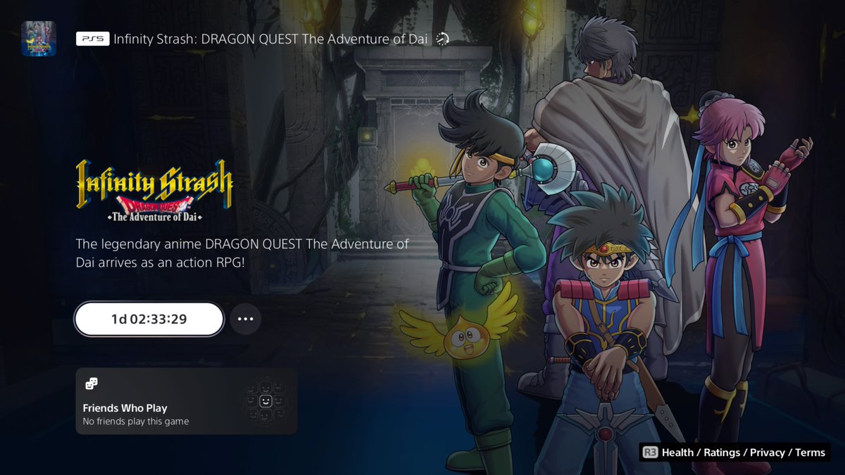 GStryper's tweet photo. Infinity Strash: Dragon Quest is installed, but it won't start until Thursday. #DragonQuest #InfinityStrash #SquareEnix #TheAdventureOfDai #DaiNoDaibouken #PS5Share https://t.co/5fvP3FQInI
