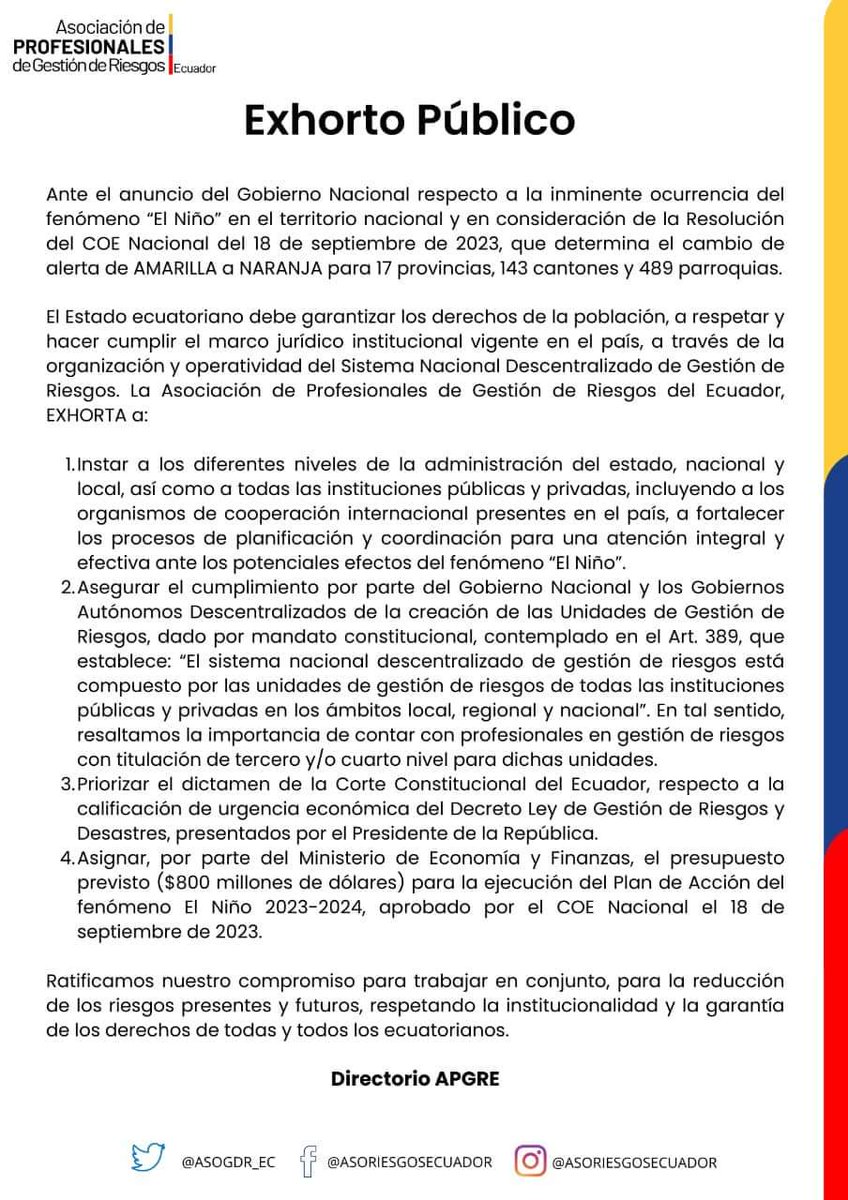 Asociación Gestión Riesgos 🇪🇨 (@asogdr_ec) on Twitter photo 📌 EXHORTO PÚBLICO 📌
Ante la vulnerabilidad que tiene el país para enfrentar el #FenómenodelNiño, como <a href="/AsoGdR_Ec/">Asociación Gestión Riesgos 🇪🇨</a> hacemos un llamado a los distintos poderes del Estado para cumplir con los mandatos constitucionales y así garantizar los derechos de la población.
#VaPorTiEcuador 📌 EXHORTO PÚBLICO 📌
Ante la vulnerabilidad que tiene el país para enfrentar el #FenómenodelNiño, como <a href="/AsoGdR_Ec/">Asociación Gestión Riesgos 🇪🇨</a> hacemos un llamado a los distintos poderes del Estado para cumplir con los mandatos constitucionales y así garantizar los derechos de la población.
#VaPorTiEcuador