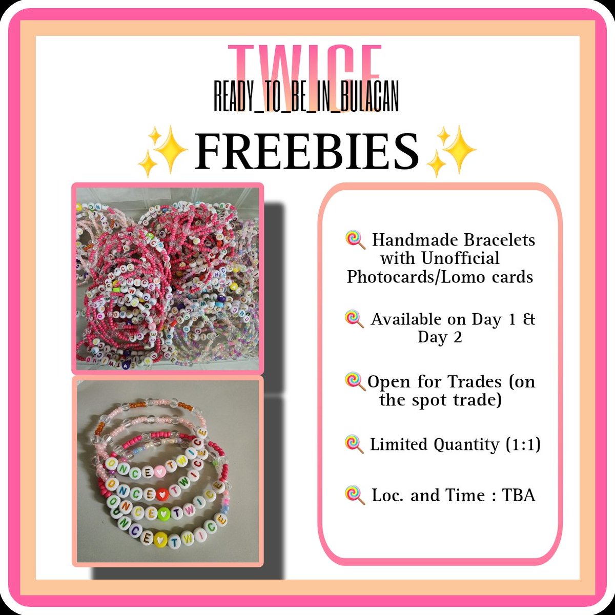 HI ONCEs! I've prepared some freebies. I'm a solo concert goer so I would like to take this opportunity to make new friends. To claim just say Hi 😊.
Like &amp; rt to spread
Follow for upadates pls &amp; ty

#TWICE_5TH_WORLD_TOUR_BULACAN 
#READYTOBE_IN_BULACAN  #TWICE_5TH_WORLD_TOUR