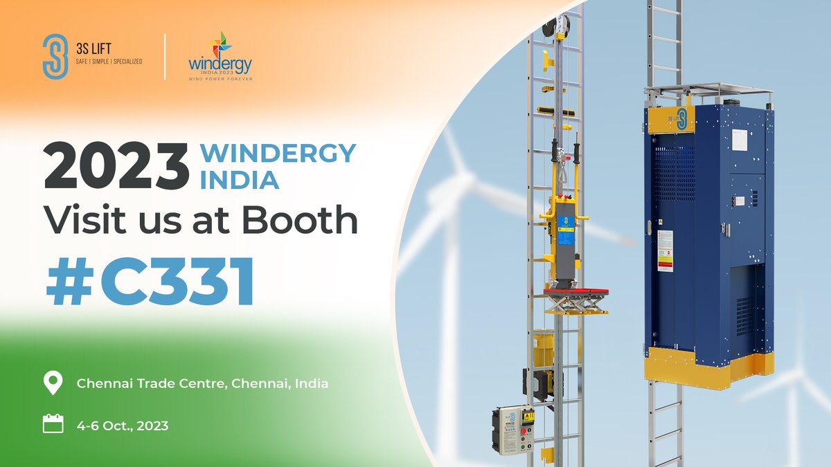 3sLift's tweet photo. We look forward to seeing you at @windergy_india, and invite you to stop by and check out what 3S Lift has to offer. We have been supporting the wind industry in India for a decade, and we continue to strive to meet customers' demands and provide superior products and services. https://t.co/tqIEhpRoc4