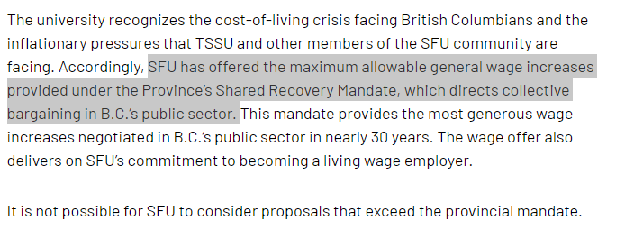 byGawley's tweet image. SFU says it has offered the "maximum allowable" wage increase under PSEC's Shared Recovery Mandate

To start, PSEC is an unconstitutional restriction on workers' right to free and fair bargaining. 

SFU execs agree—when giving themselves big raises (up to 20%) during the pandemic
