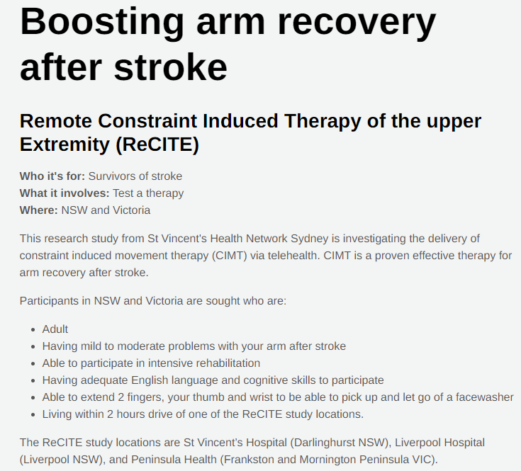 Dr Christie @LaurenJChristie and her team are leading a study to Boost Arm Recovery After Stroke (across NSW and VIC), any #strokesurvivors who might be interested in joining can find out more here bit.ly/3ZrYeeA  #strokeresearch #stroke @HCNSW @strokefdn
