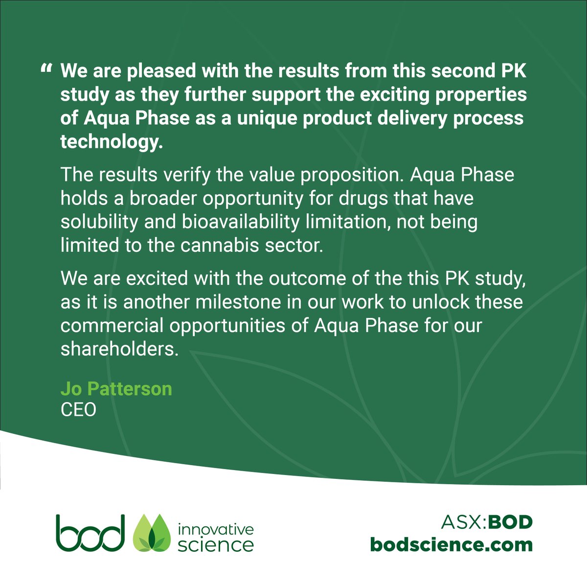 #ASXNews

$BOD.AX announces a further update on the development work to support the commercialisation of the Aqua Phase technology, with the CBD PK study investigating the bioavailability in venous blood results demonstrating 6x greater bioavailability.

loom.ly/S-wHnd4