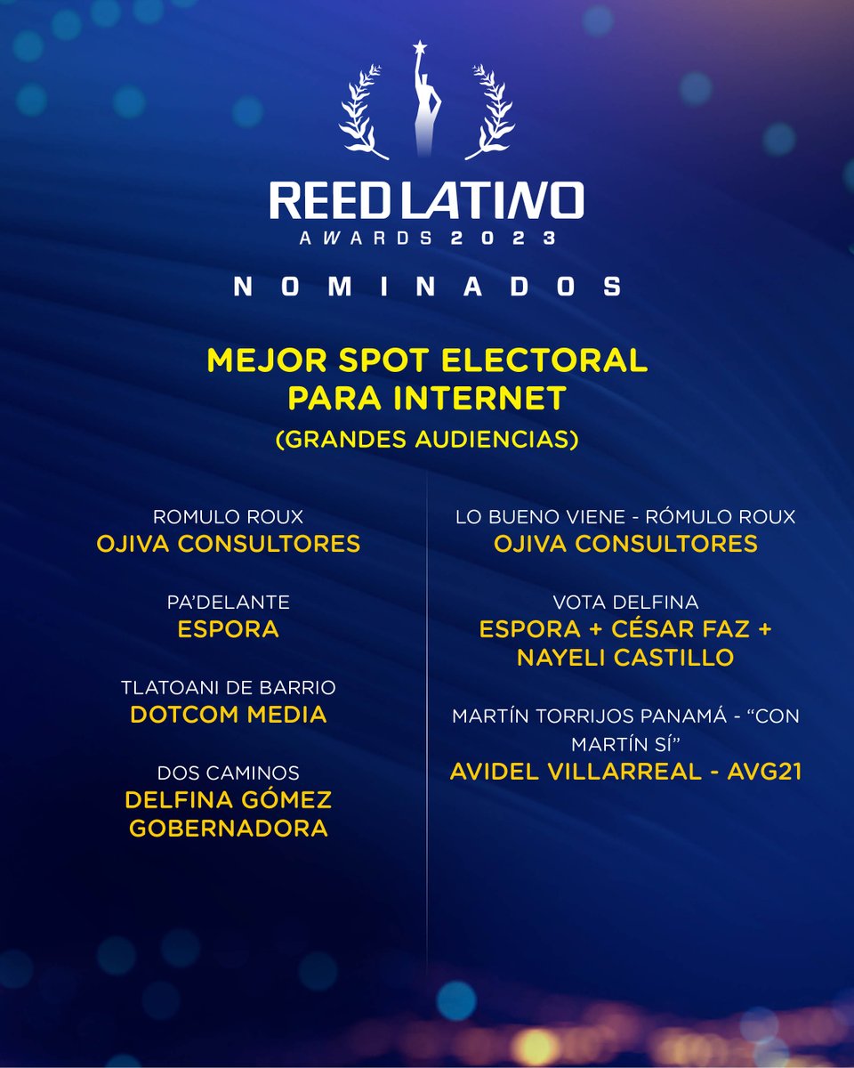 Nominados a MEJOR SPOT ELECTORAL PARA INTERNET (GRANDES AUDIENCIAS):

⭐️ <a href="/AndreadeAnda/">Andrea</a> 
⭐ <a href="/Atelier_Espora/">Espora</a> 
⭐ DOTCOM MEDIA
⭐ <a href="/HeuristicaCom/">Heurística</a> 
⭐️️️️️️ <a href="/avidelvg/">Avidel Villarreal G</a>