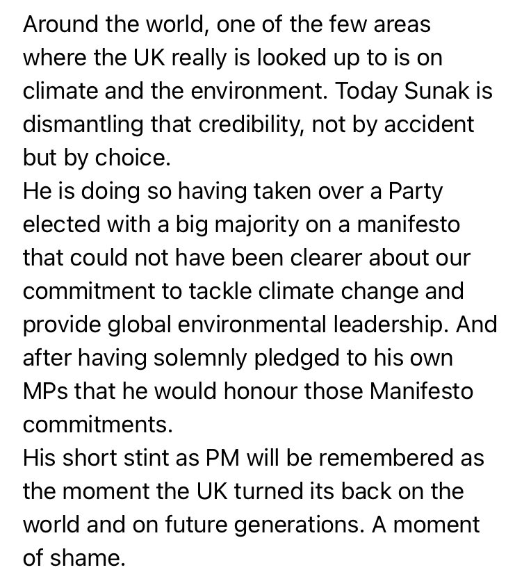 Tory peer <a href="/ZacGoldsmith/">Zac Goldsmith</a>, who quit as environment minister in June, describes Sunak’s net zero decision as “a moment of shame” for UK.

He also raises question of PM’s mandate… unlikely to be the last to do so.