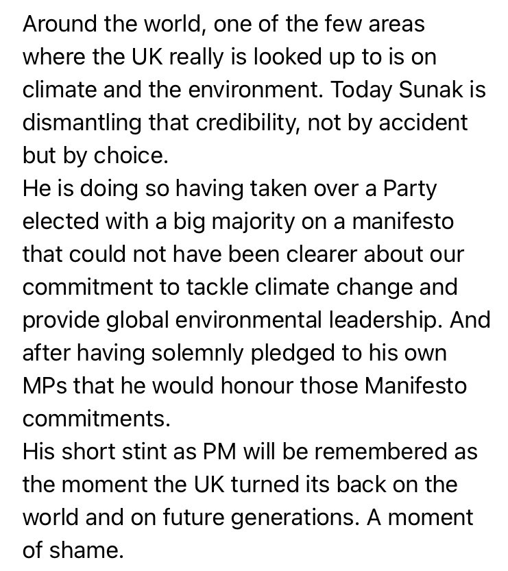 Tory peer @ZacGoldsmith, who quit as environment minister in June, describes Sunak’s net zero decision as “a moment of shame” for UK. He also raises question of PM’s mandate… unlikely to be the last to do so.