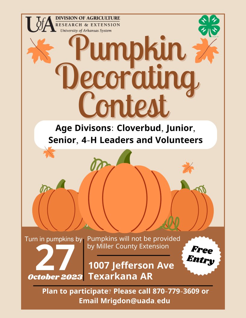 MillerCo4H's tweet photo. Announcing the 4-H pumpkin decorating contest. Decorated pumpkins are due to the County office by October 27 2023 by 4:30 pm. https://t.co/HqvckBzpzy