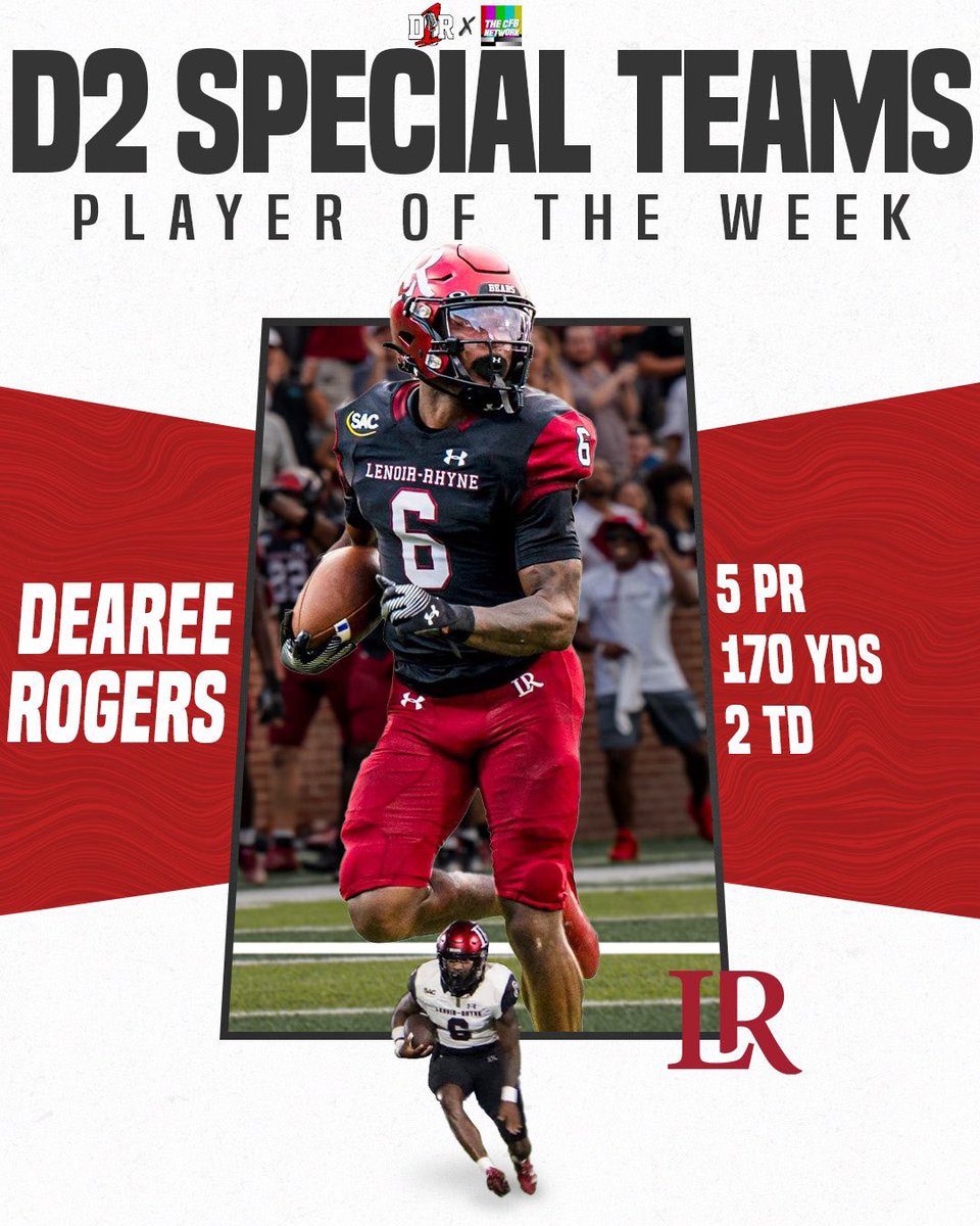 The College Football Network (@thecfbnetwork) on Twitter photo Here are this week’s CFBNETWORK X <a href="/D1_Rejects/">Division 1 Rejects</a> D-2 Players of the Week
Offense:
Jordan Terrell <a href="/barton_fb/">BartonCollegeFB</a>
Defense:
Trey Thomas <a href="/Shorter_FB/">Shorter Hawks Football</a>
Special Teams
DeAree Rogers <a href="/LRBearsFootball/">Lenoir-Rhyne Football</a> Here are this week’s CFBNETWORK X <a href="/D1_Rejects/">Division 1 Rejects</a> D-2 Players of the Week
Offense:
Jordan Terrell <a href="/barton_fb/">BartonCollegeFB</a>
Defense:
Trey Thomas <a href="/Shorter_FB/">Shorter Hawks Football</a>
Special Teams
DeAree Rogers <a href="/LRBearsFootball/">Lenoir-Rhyne Football</a>
