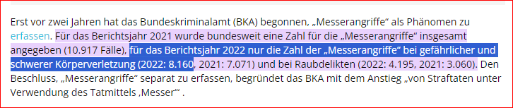 Frag mich echt wo @BR24 die idiotische Zahl von 591 Messerangriffen in 2022 her hat. 
Wohl von nem bay. Amtsblatt von Anno Dazumal.