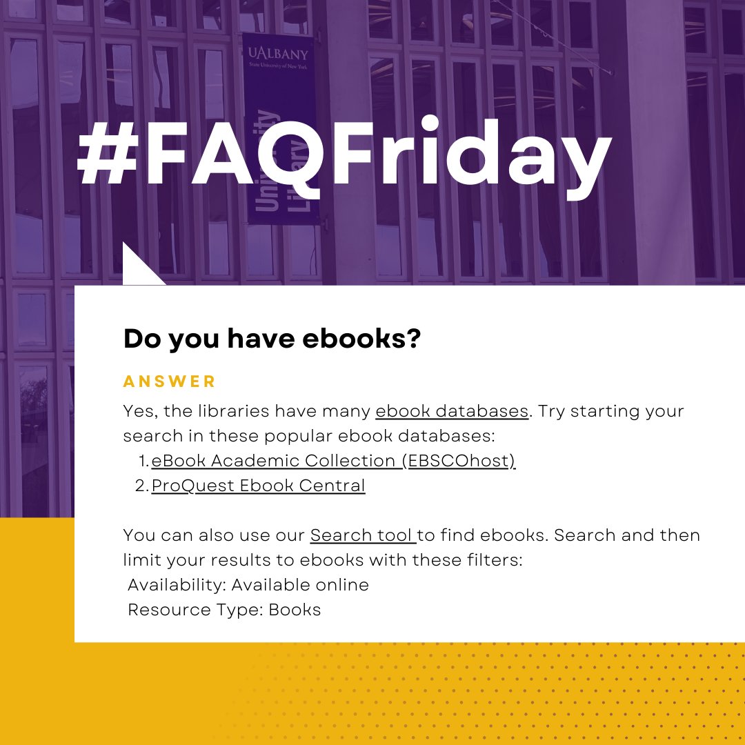 #FAQFriday Q: Do you have ebooks? A: Yes, the libraries have many ebook databases. Try starting your search in these popular ebook databases: ✨eBook Academic Collection (EBSCOhost) ✨ProQuest Ebook Central You can also use our Search tool to find ebooks.