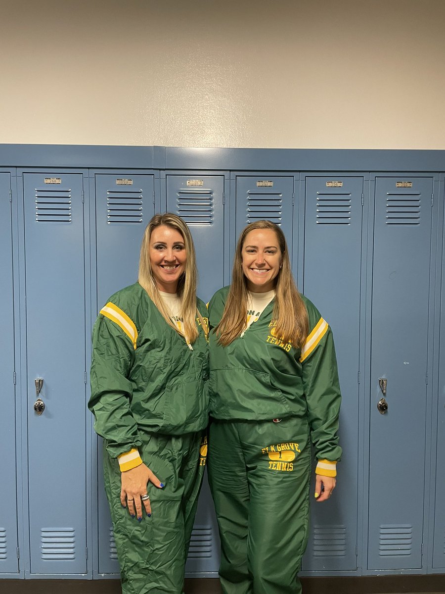 HOCO Twin Day with <a href="/MsRandallEGHS/">Jackie Randall</a> in throwback 🎾 warmups. We 💚💛 <a href="/GrensTennis/">EGHS Girls Tennis</a>! #WeAreEG