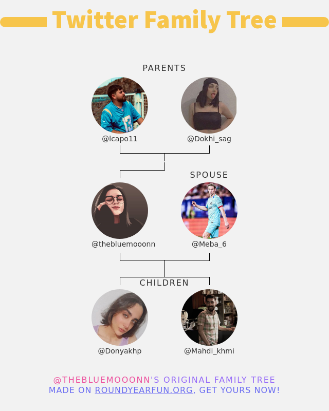 thebluemooonn's tweet photo. 👨‍👩‍👧‍👦 My Twitter Family:
👫 Parents: @lcapo11 @Dokhi_sag
👰 Spouse: @Meba_6
👶 Children: @Donyakhp @Mahdi_khmi

➡️ https://t.co/ffSd45NDrA https://t.co/syvB6U6TVa