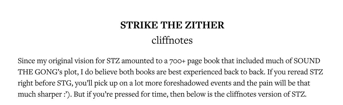 STRIKE THE ZITHER cliffnotes now exist for your convenience. read them before STG's eARCs! before its April 30 release! or just for fun to you, know, relive Zephyr's feats 😂 joanhewrites.com/stz-refresher