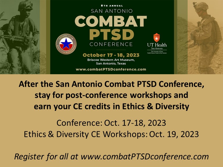 strongstar_ptsd's tweet photo. #CE FOR #PSYCHOLOGISTS, RELATED PROFESSIONS - Need #CEcredits for licensure? Join us for the San Antonio Combat #PTSD #Conference Oct. 17-18 (earn 12 credits) and/or Oct. 19 for CE #workshops in #Ethics &amp; #Diversity (3 credits each). 
https://t.co/SDfOdCv8l3
#combatptsd2023 https://t.co/pufHq6qk6M