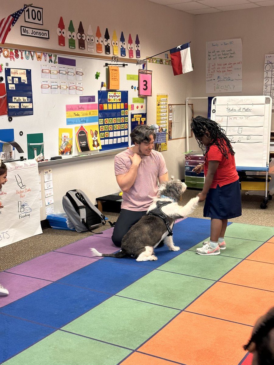 PetroskyCounLG's tweet photo. It was so wonderful to welcome back this week Healing Species Texas to our school @PetroskyPirates Our kinder students enjoyed their time with Char. Mr. Will did a fabulous job with the students. Thank you so much! #AliefProud @AliefISD @AliefCounseling https://t.co/pMMXQL6JTp