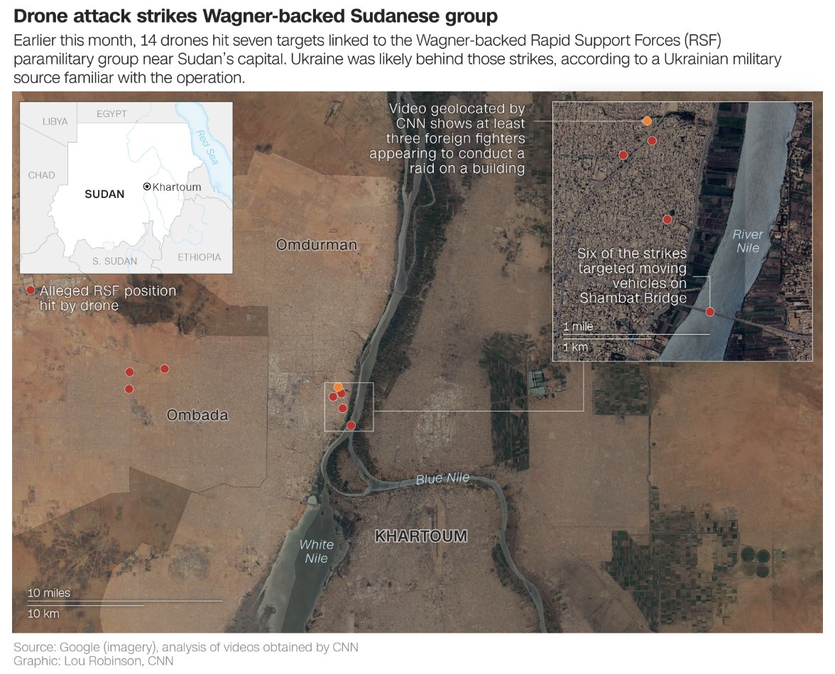 #osint by @gianlucamezzo and myself. video footage we obtained and geolocated shows a series of drone strikes in and around Omdurman, near Khartoum. 6 drones targeted pickup trucks driving on Shambat bridge. 8 other attacks hit parked vehicles, buildings and armed men