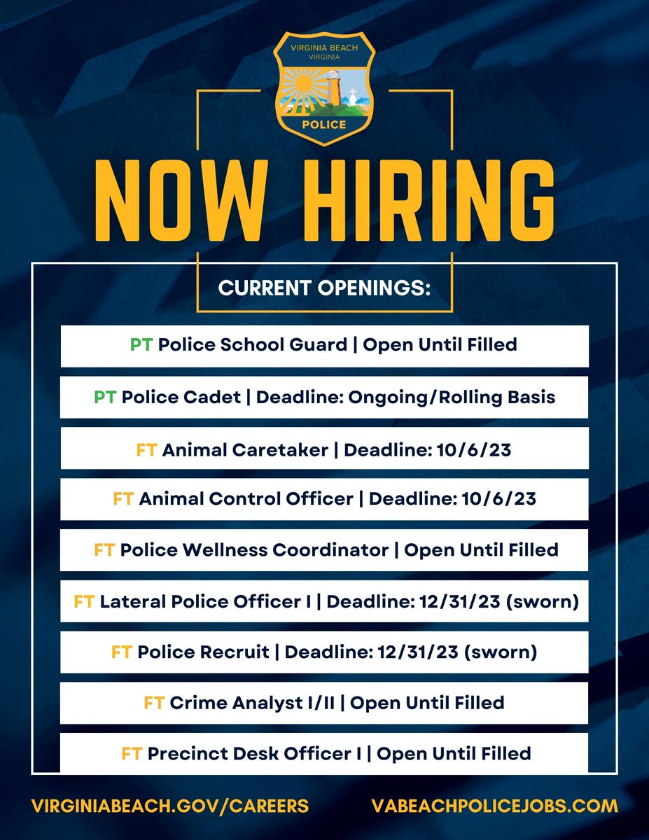 Current Openings with the #VBPD (Sworn & Non-Sworn): facebook.com/VirginiaBeachP…

Be proud of where you work; apply today.

#VB #VirginiaBeach #GovJobs #NowHiring #MakeaChange #MakeaDifference #CrimeAnalyst #HamptonRoads #Police #LEO #PoliceJobs #Virginia #HireVetsNow #WeHireVets