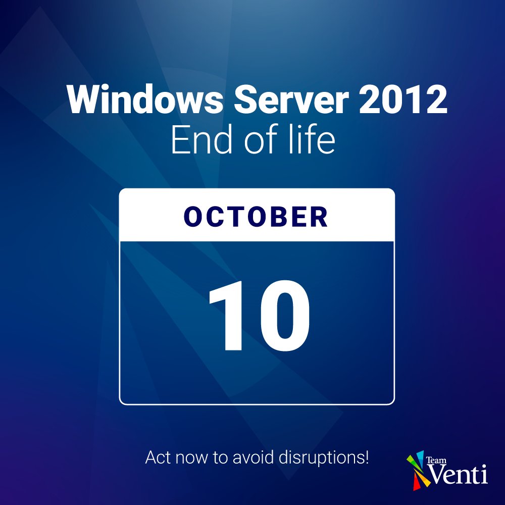 teamventi's tweet photo. #WindowsServer2012 End of Life is nearing! After Oct 10, 2023, it won't get updates or support. Explore options like Extended Security Updates (ESUs), #Azure migration, or #WindowsServer2022 upgrade. Learn more: https://t.co/0JdCnVC8Jy https://t.co/8Q4NgxsqGe