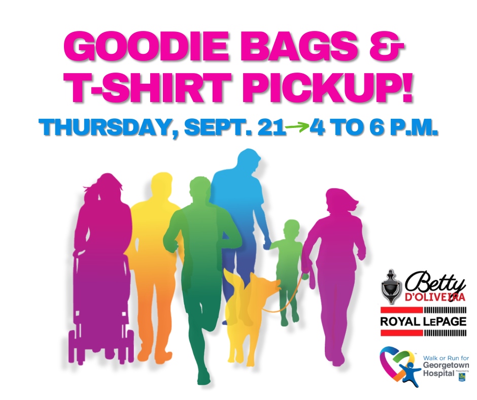 One more chance to grab your goodie bags &amp; T-shirts ahead of the #WalkRunGH! 🏥

They will be available for pick up at Royal LePage at 324 Guelph Street on Thursday, September 21 any time between 4 and 6 p.m. 

Register today: bit.ly/3NHMG15