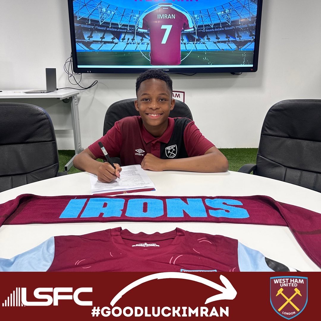 LSFC__'s tweet image. Well done to our U12 Imran for signing for West Ham ⚽️🙏🏾 

All the very best in your new venture, super proud of you 👏🏽