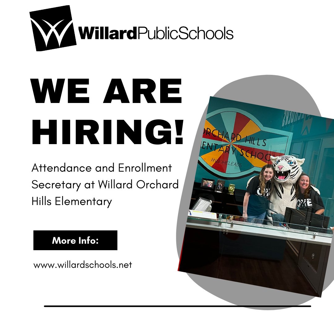 Willard Orchard Hills Elementary is hiring an Attendance and Enrollment Secretary. Visit our website to learn more and apply today! ow.ly/E4nV50PNuWL