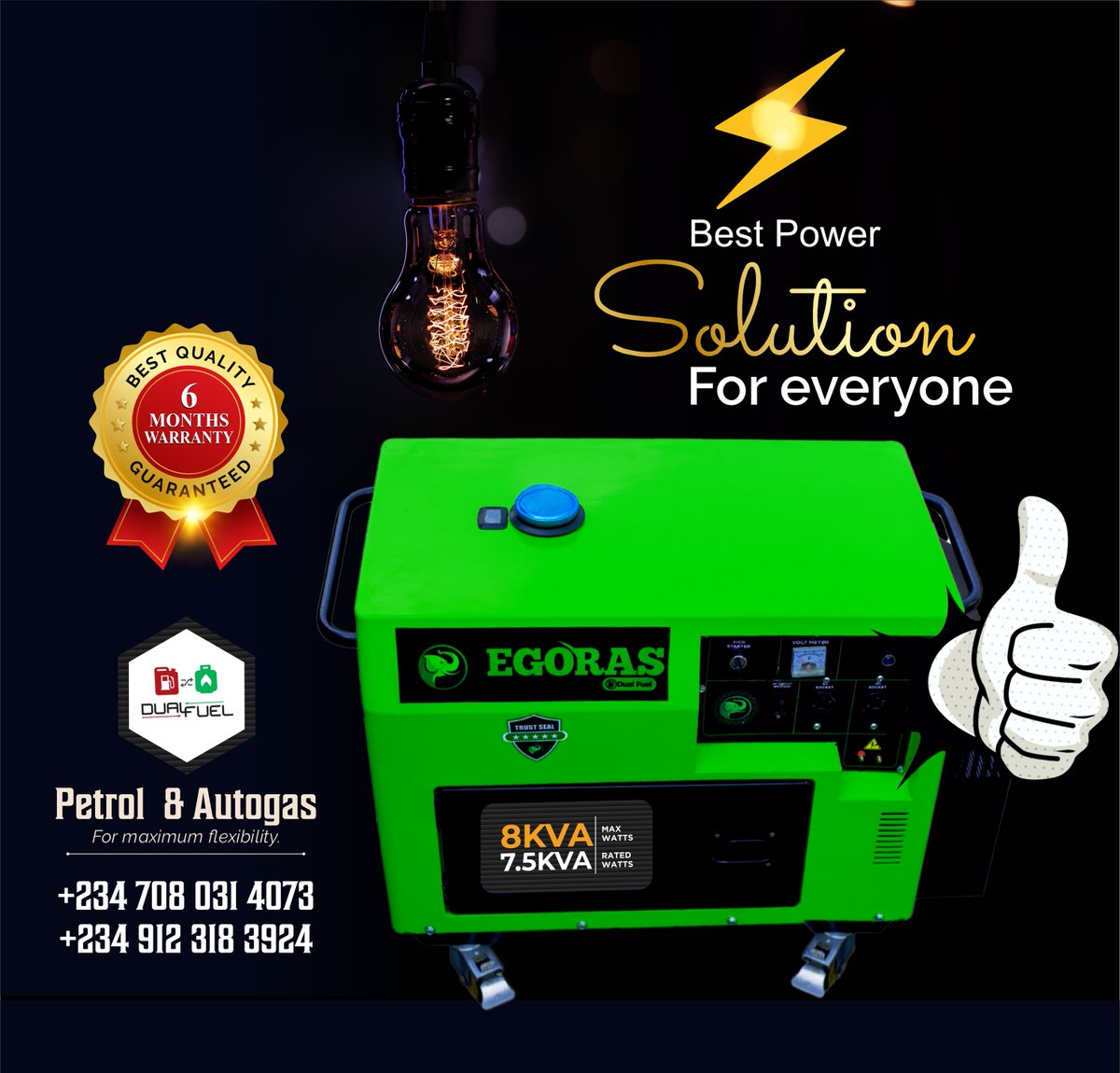 egorasHQ's tweet photo. Egoras Dual Fuel Generator EGR-8000 (Soundproof)
Efficient, reliable, and eco-friendly power for your home or business.
Product Specs:
Fuel Type: Gas and Petrol
Power: 8 kVA
Phase: Single Phase
Voltage: 220-240V
Starting System: Electric/Manual
Speed: 1000 rpm
Rating frequency(Hz): 50
Coil: 100% Copper
Order now and power up your life: 0912 318 3923 or 0708 031 4073
#Generators #EgorasDualFuelGenerator