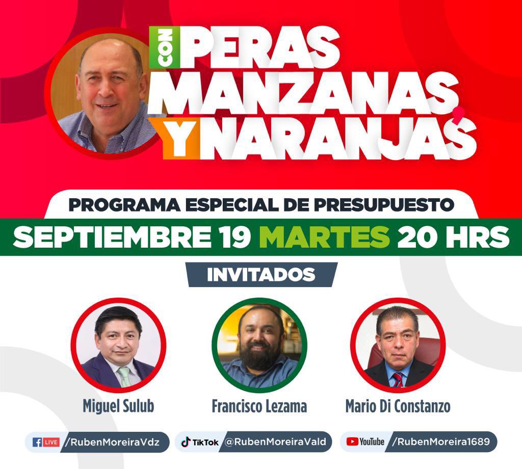rubenmoreiravdz's tweet photo. ‼️Programa especial de Presupuesto‼️
Hoy a las 20:00 hrs por Facebook Live y YouTube.  

◼️ ¿Quiéres saber cómo le va a ir a los estados y municipios en materia de #salud, #educación, #carreteras, apoyos para el #campo y #seguridad? 

Con Peras🍐🍐, Manzanas 🍎🍏 y Naranjas 🍊🍊 https://t.co/YVLi9naZB1