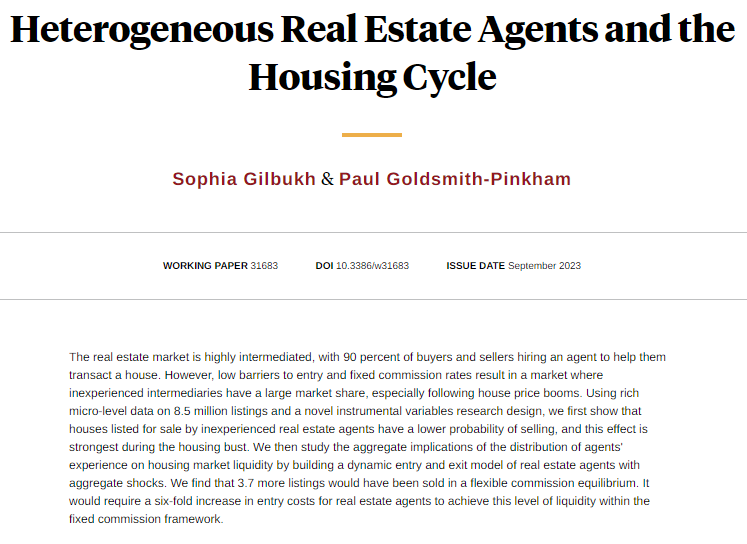 Experienced real estate agents have a 24% higher probability of selling listings during housing busts. The distortion from fixed agent commissions is estimated using a model of entry and exit, from <a href="/sgil1122/">Sonia Gilbukh</a> and @paulgp nber.org/papers/w31683