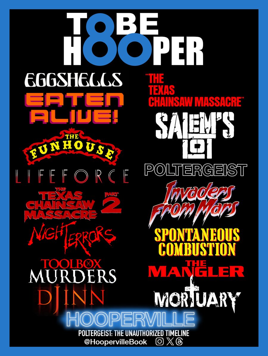 PoltergeistBook's tweet photo. Getting ready for Hooptober? Tobe Hooper's eclectic and brilliant filmography is filled with originality, shocks and iconic imagery #Hooptober #TobeHooper #HoopervilleBook #Hooperville #horrormovie #HorrorCommunity #horror #Halloween https://t.co/XONG2vMJfH
