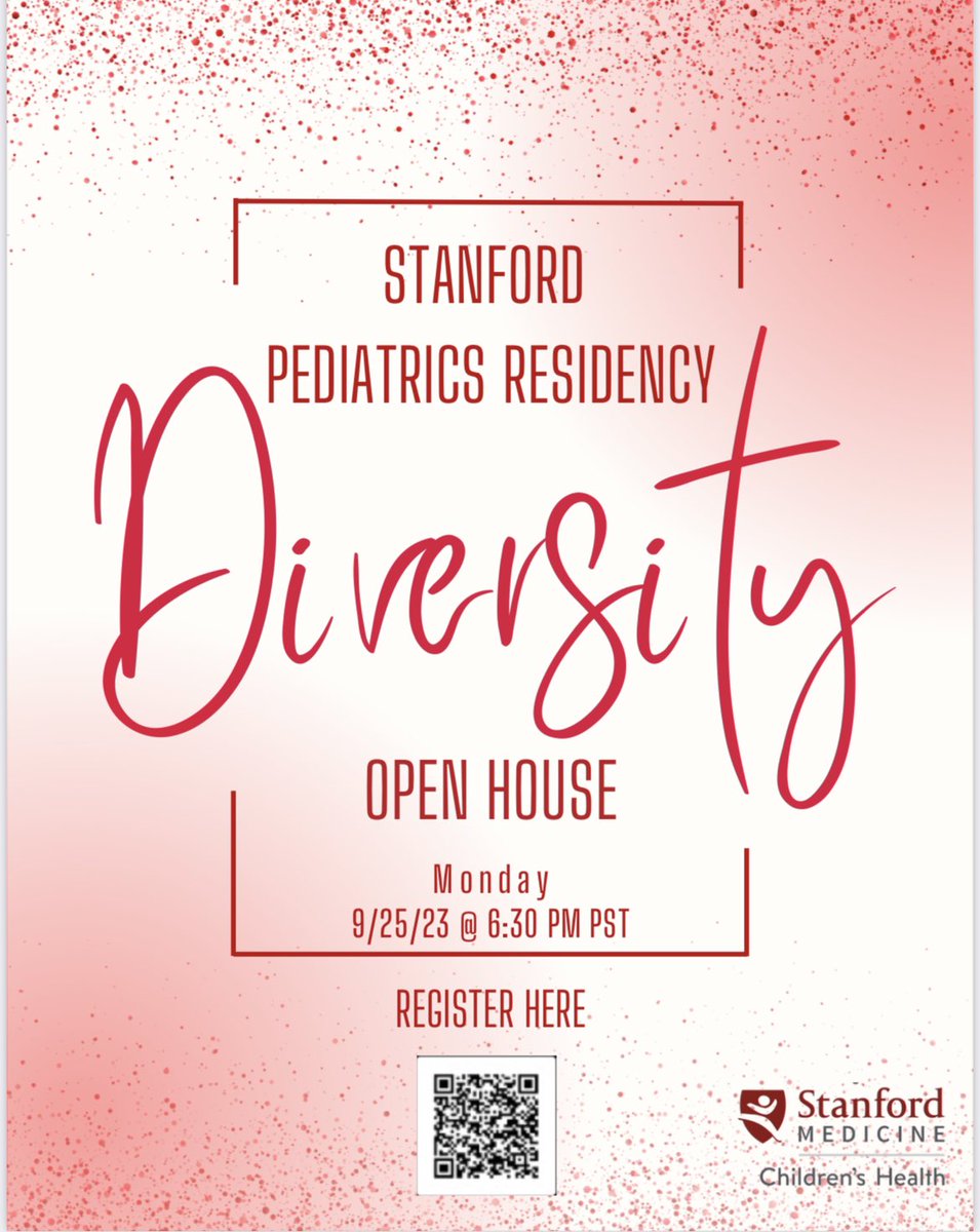 Stanford Pediatrics Residency Program (@stanfordpedsres) on Twitter photo 📣 Attention <a href="/FuturePedsRes/">FuturePedsRes</a> #Match2024 applicants!
Join us to hear more about our DEI work & talk directly with residents about their experiences in our program, <a href="/StanfordPeds/">Stanford Pediatrics</a>, <a href="/StanfordODME/">Stanford Office of Diversity In Medical Education</a> & more!!
📆 Mon, 9/25
⏰ 6:30p PST
💻 register with QR below 📣 Attention <a href="/FuturePedsRes/">FuturePedsRes</a> #Match2024 applicants!
Join us to hear more about our DEI work & talk directly with residents about their experiences in our program, <a href="/StanfordPeds/">Stanford Pediatrics</a>, <a href="/StanfordODME/">Stanford Office of Diversity In Medical Education</a> & more!!
📆 Mon, 9/25
⏰ 6:30p PST
💻 register with QR below