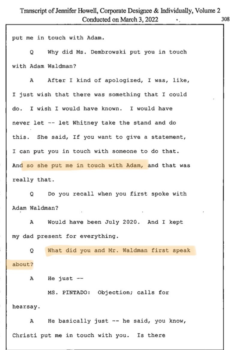 XDetective1's tweet photo. See Jennifer K Howell lie under penalty of perjury about when and why she first spoke to Adam Waldman. In her 2020 declaration, she said she spoke to Waldman โfor the first timeโ the day after receiving subpoenas. In 2022, she said she spoke to him and asked him to subpoena her. https://t.co/9VZEa8oa6E