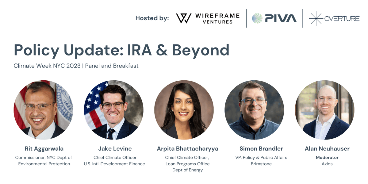 Today we hosted a policy panel for <a href="/ClimateWeekNYC/">Climate Week NYC</a> with <a href="/PivaVc/">Piva Capital</a> &amp; <a href="/Overture_VC/">Overture Ventures</a> discussing the role of government funding such as the IRA in helping climate startups scale. Here's what we heard from our speakers: 👇