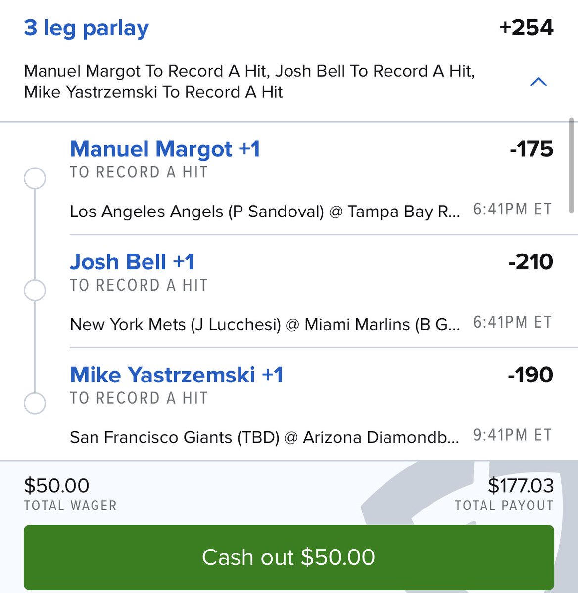If you don’t like the taste of juice.

MLB Hit Parlay

Bell (3rd), Margot (5th), Yaz (1st)

To 365:

FV +223
EV 9.6% 💪
QK .95u