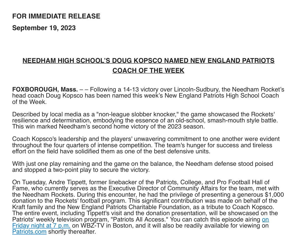 Shoutout to Needham High varsity football coach and my former English teacher Coach Kopsco for winning the Patriots coach of the week honors. #RocketPower